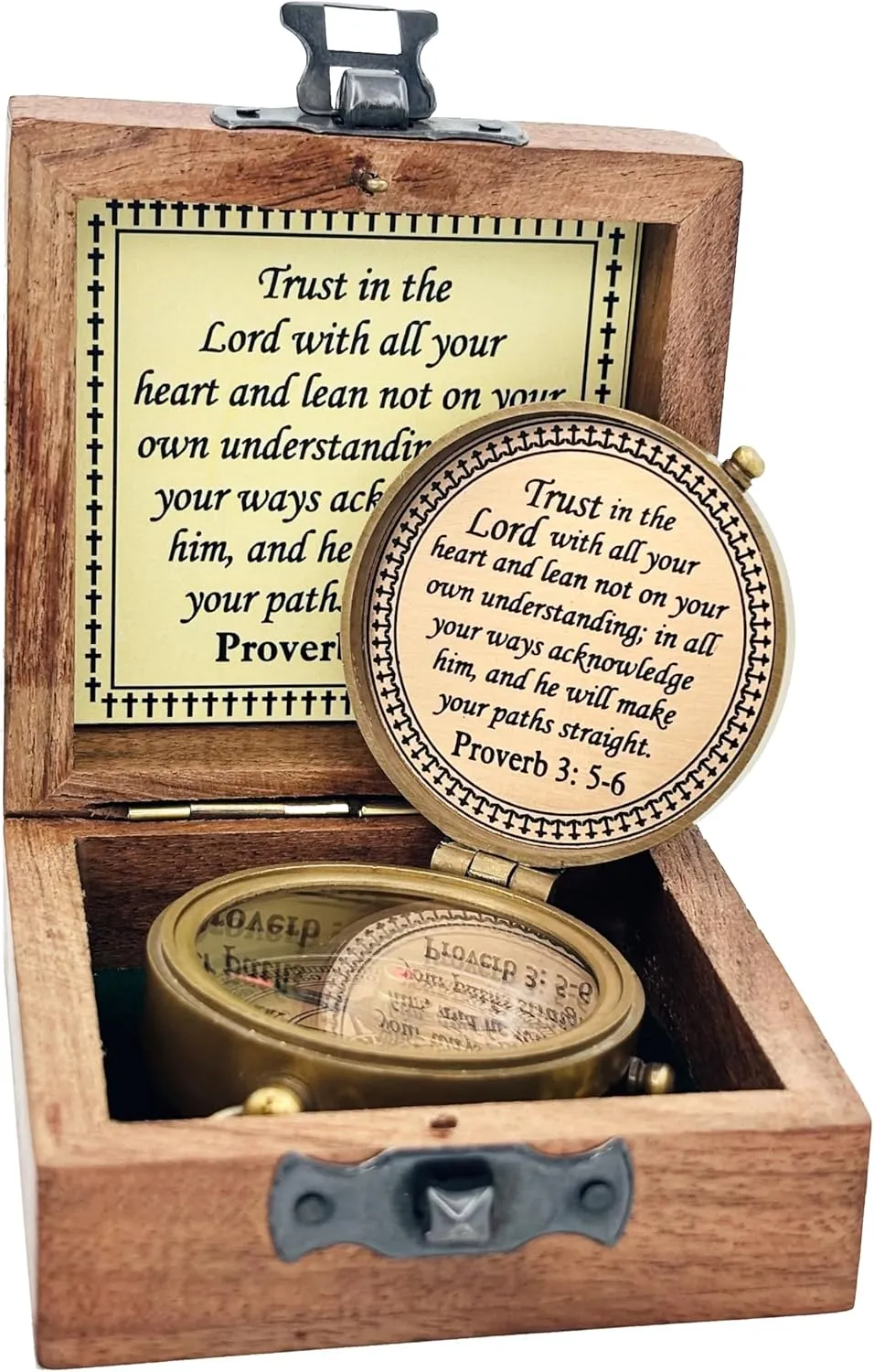 Trust in The Lord Engraved Compass with Wooden Box, Brass Antique Compass for Hiking, Camping, Religious Gifts Men Women Catholic, Graduation Gift