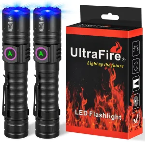 ULTRAFIRE Powerful 365nm UV Flashlight - Rechargeable LED Blacklight, Multi-Functional and Invisible 365nm Light - Compact Fluorescent Lamp for Pet Stains Detection, Resin Curing - Pack of 2