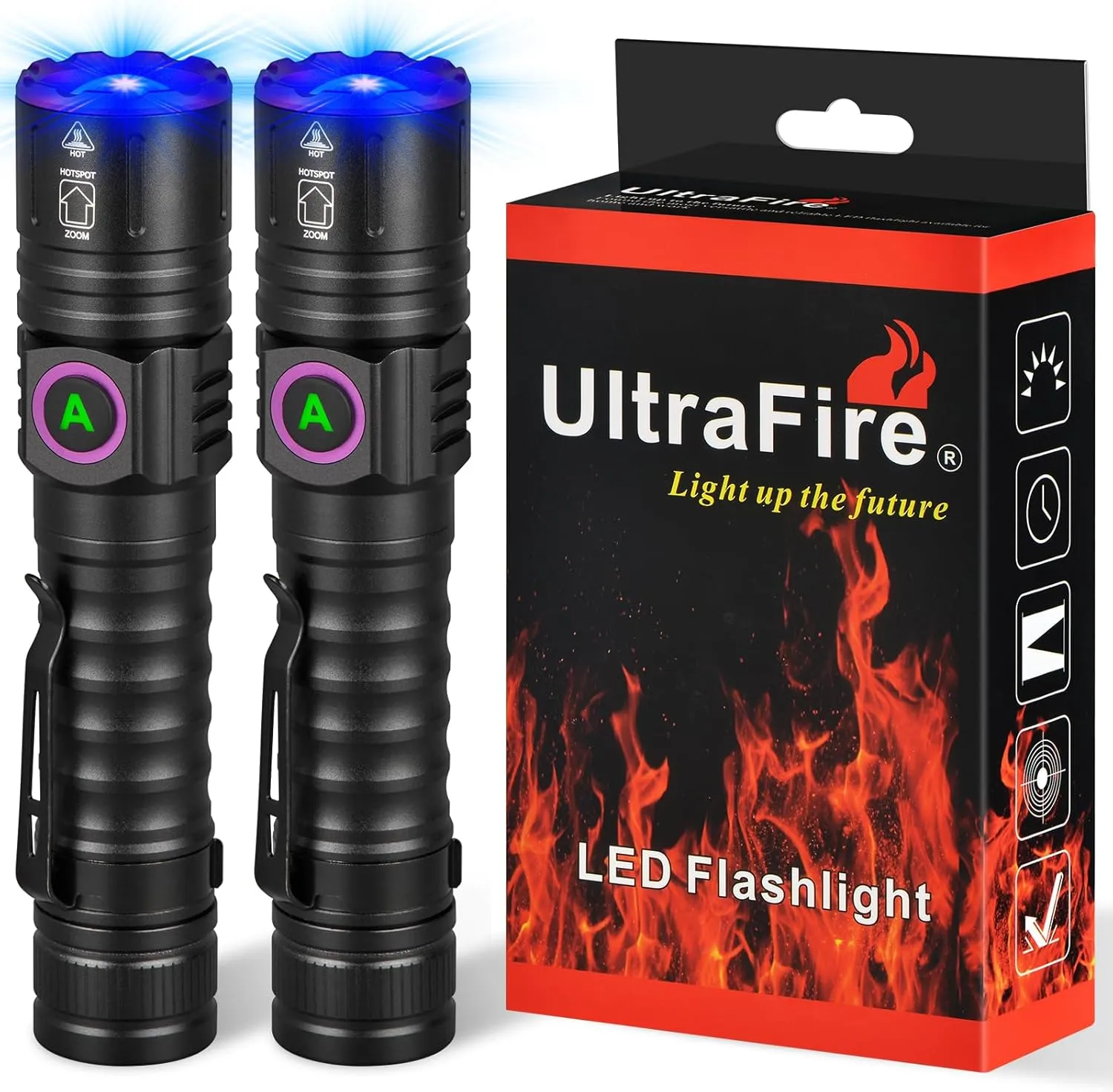 ULTRAFIRE Powerful 365nm UV Flashlight - Rechargeable LED Blacklight, Multi-Functional and Invisible 365nm Light - Compact Fluorescent Lamp for Pet Stains Detection, Resin Curing - Pack of 2