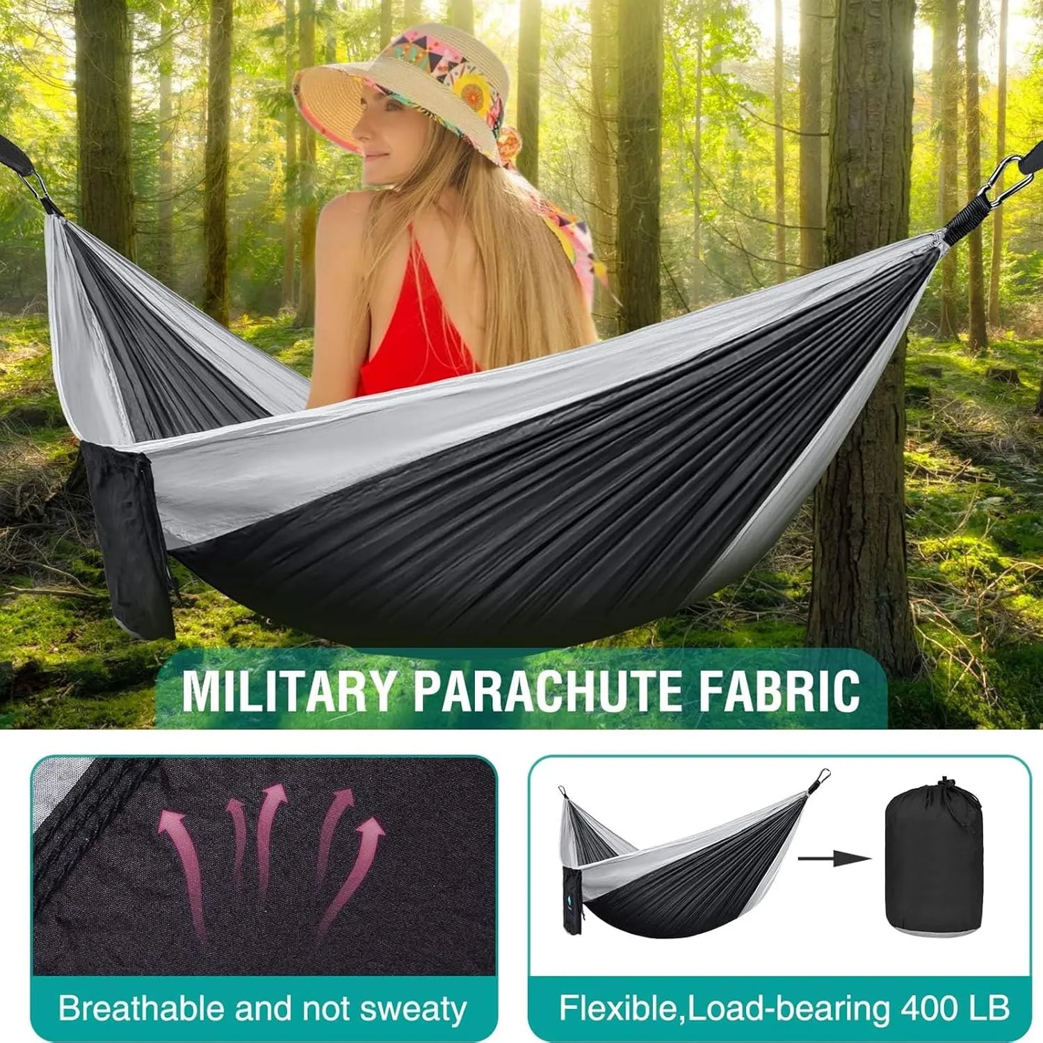 Ultralight Camping Hammock Gear for The Outdoors Hammocks Backpacking Survival or Travel - Portable Lightweight Parachute Nylon Up to 600 lbs (Black)
