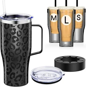 Universal Iced Coffee Sleeve with Handle Insulated Double Wall Reusable Stainless Steel Holder Insulator for Cold Drinks Fit Starbucks Dunkin Donuts Dutch Bros Small Medium Large Cups (Black Leopard)