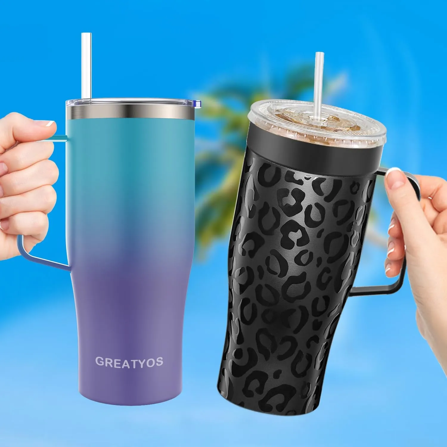 Universal Iced Coffee Sleeve with Handle Insulated Double Wall Reusable Stainless Steel Holder Insulator for Cold Drinks Fit Starbucks Dunkin Donuts Dutch Bros Small Medium Large Cups (Black Leopard)