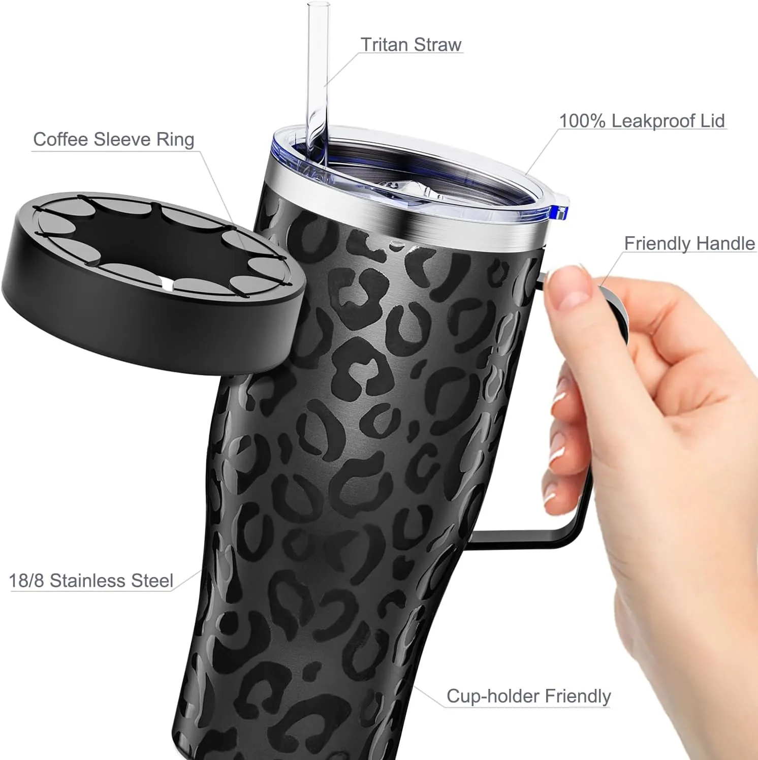Universal Iced Coffee Sleeve with Handle Insulated Double Wall Reusable Stainless Steel Holder Insulator for Cold Drinks Fit Starbucks Dunkin Donuts Dutch Bros Small Medium Large Cups (Black Leopard)