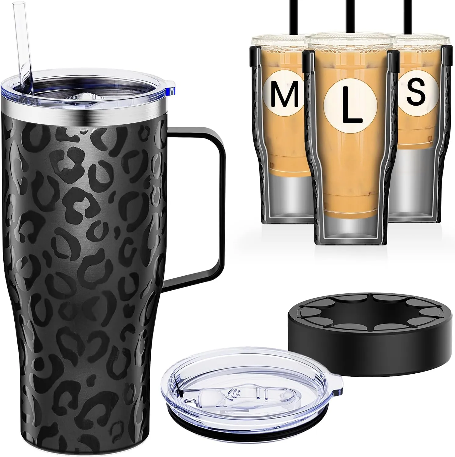 Universal Iced Coffee Sleeve with Handle Insulated Double Wall Reusable Stainless Steel Holder Insulator for Cold Drinks Fit Starbucks Dunkin Donuts Dutch Bros Small Medium Large Cups (Black Leopard)