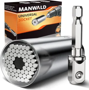 Universal Socket Tool, Super Socket Unscrew Any Bolt, Adjustable Socket Drill with Adapter, Gifts for Him Men Husband, Boyfriend Boyfriends, 2 PCS, Silver