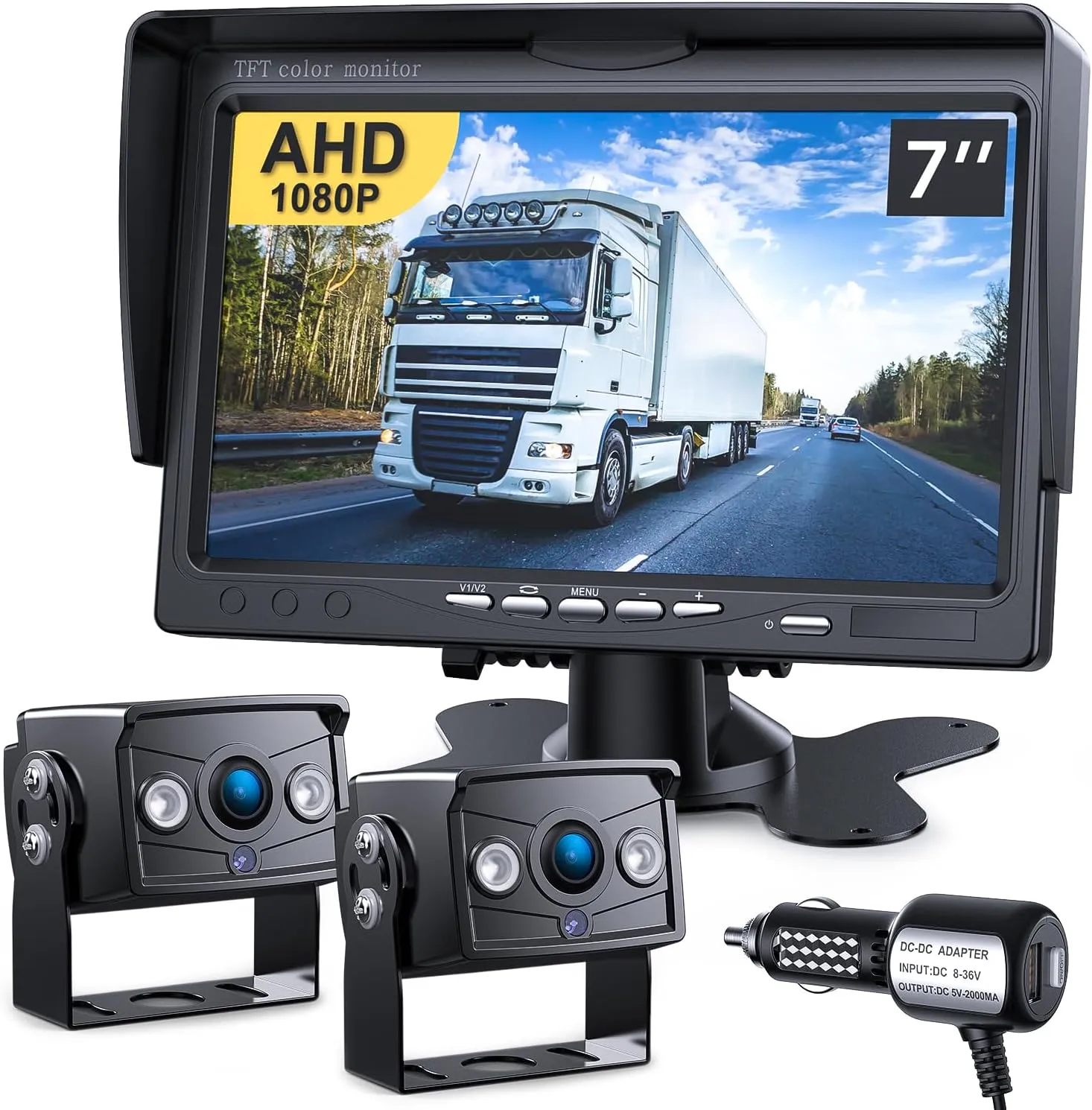Upgrade Dual Backup Camera Monitor Kit 7" HD 1080P Monitor IP69 Waterproof Rearview Reversing Rear View Camera for Truck Trailer Semi-Trailer Box Truck RV Pickup Truck Easy Installation (TZ102)