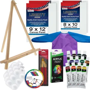 U.S. Art Supply 29-Piece Children's Acrylic Paint Artist Set with 12 Paint Colors, 7 Brushes, 12" Easel, 4 Canvas Panels, 3 Painting Palettes, Color Mixing Wheel, Kids Smock - Fun School Arts & Crafts