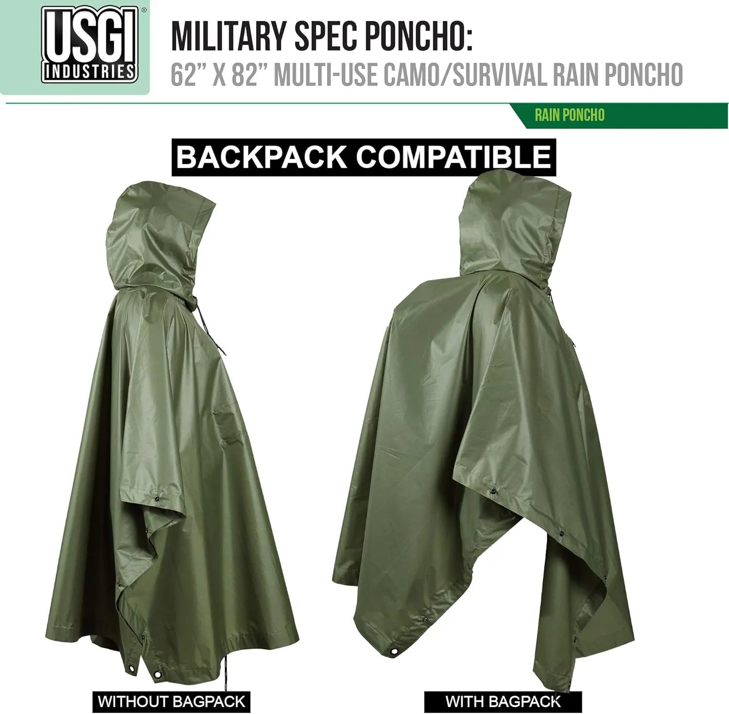 USGI Industries Military Style Poncho Multi Use Rip Stop Camouflage Rain Poncho