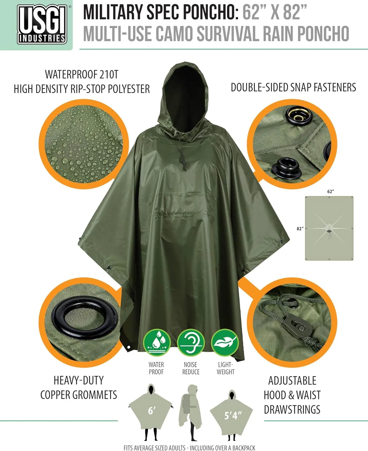 USGI Industries Military Style Poncho Multi Use Rip Stop Camouflage Rain Poncho