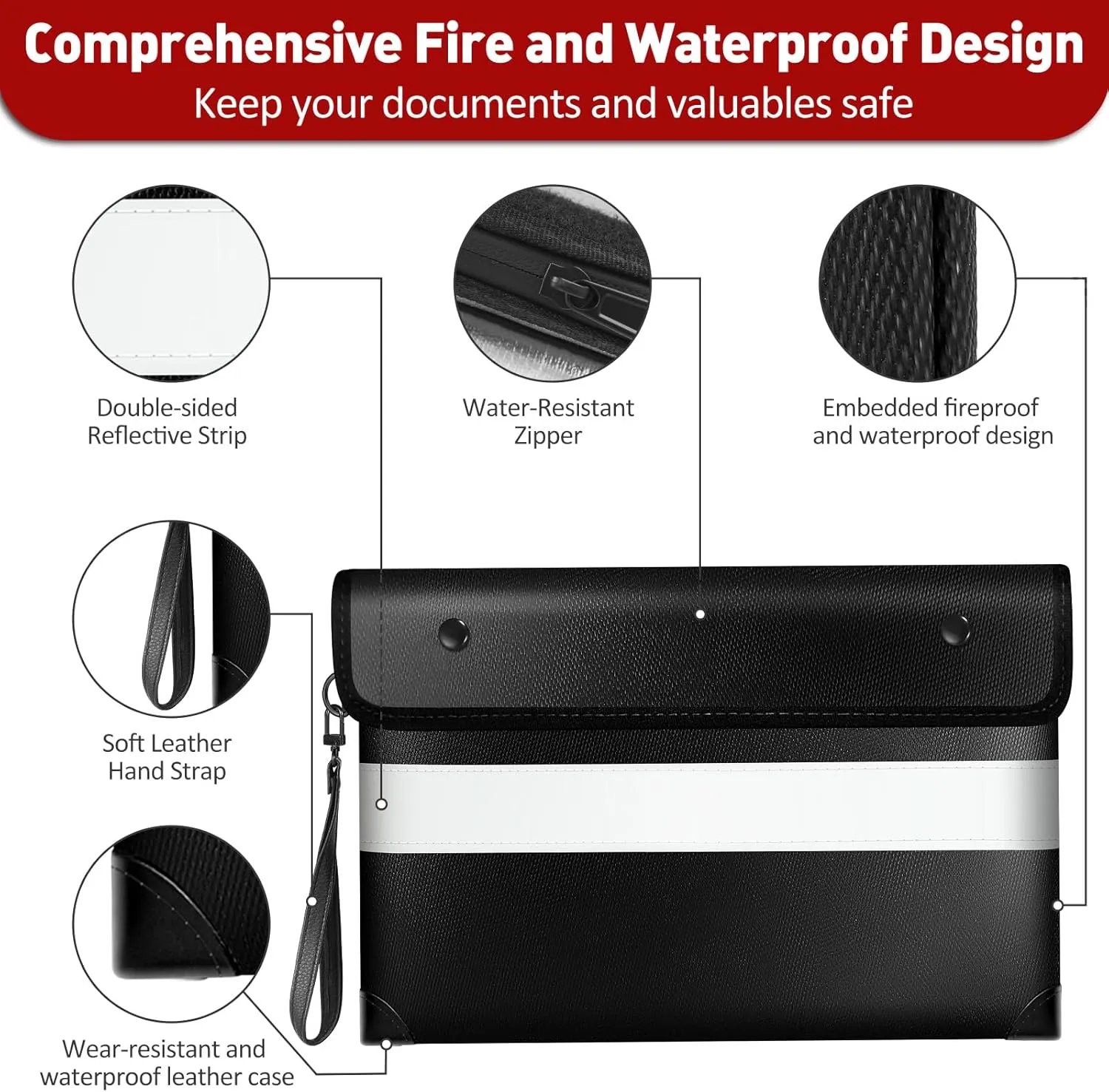 Vailoin 5200℉ Insulated Fire Proof Money Bag for Cash,Portable Waterproof Fireproof Document Bag with Reflective Strip,Fireproof Envelope for Cash,Important Documents,Valuables(11"x7.7", Black)