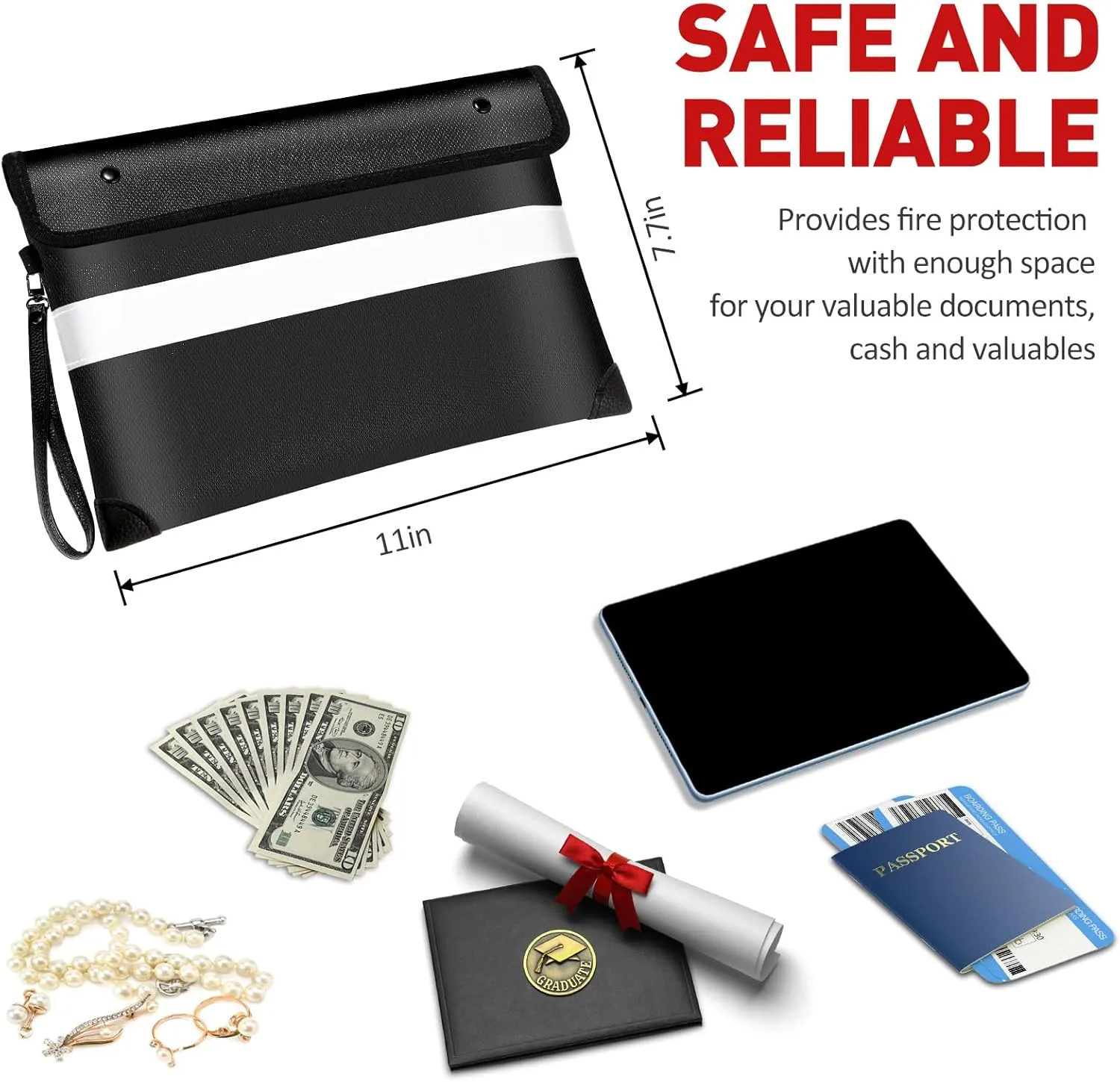 Vailoin 5200℉ Insulated Fire Proof Money Bag for Cash,Portable Waterproof Fireproof Document Bag with Reflective Strip,Fireproof Envelope for Cash,Important Documents,Valuables(11"x7.7", Black)