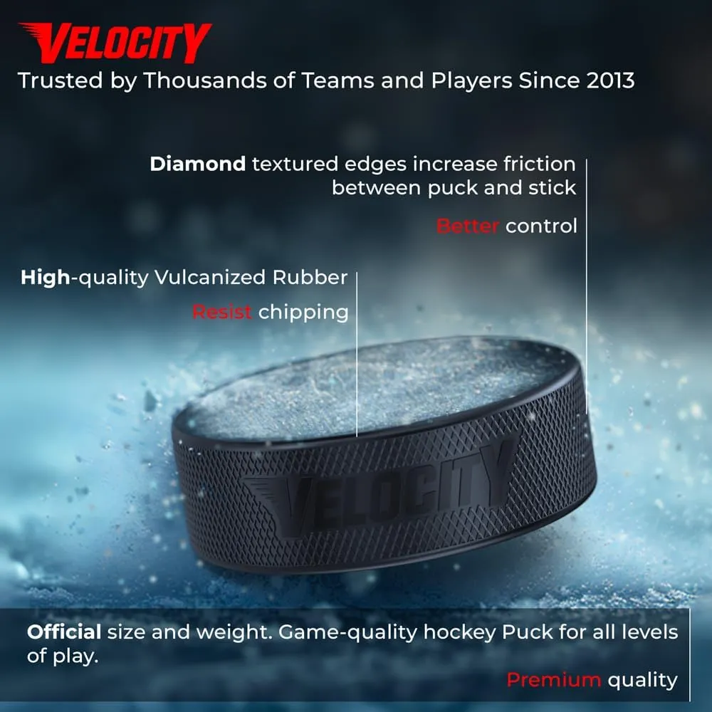 Velocity Hockey Pucks, Junior Lightweight, Senior Official, Heavyweight Training Hockey Pucks, 5, 10, 25, 50, & 100 Pack