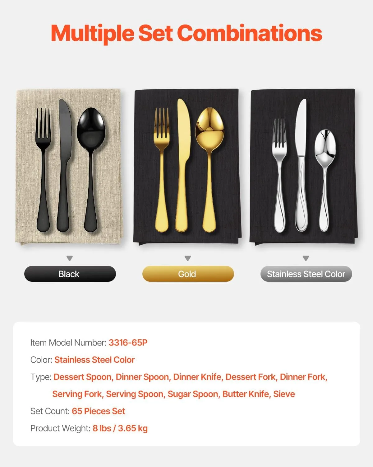 VEVOR 65-Piece Silverware Set, Food-Grade Stainless Steel Flatware Utensils, Mirror Finished Cutlery Set, Dishwasher Safe Eating Tableware for Kitchen Home, Service for 12, Include Knife Fork Spoon