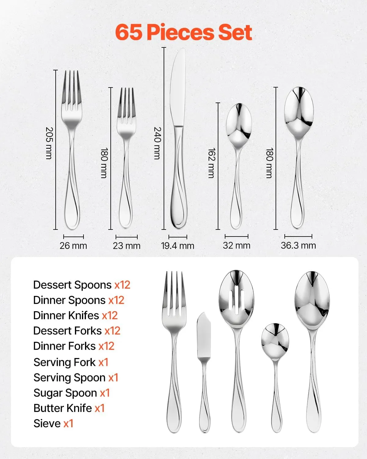 VEVOR 65-Piece Silverware Set, Food-Grade Stainless Steel Flatware Utensils, Mirror Finished Cutlery Set, Dishwasher Safe Eating Tableware for Kitchen Home, Service for 12, Include Knife Fork Spoon