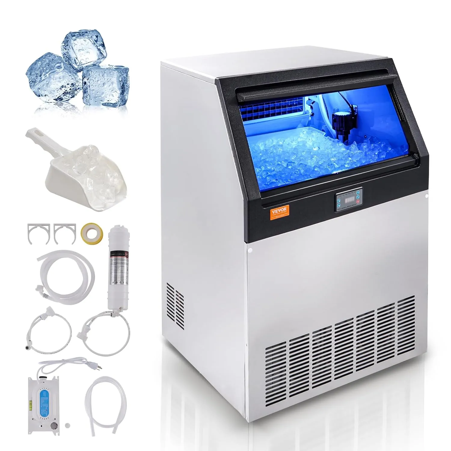VEVOR Commercial Ice Maker, 160lbs/24H, Ice Maker Machine, 80 Ice Cubes in 12-15 Minutes, Freestanding Cabinet Ice Maker with 66lbs Storage Capacity LED Digital Display, for Bar Home Office Restaurant