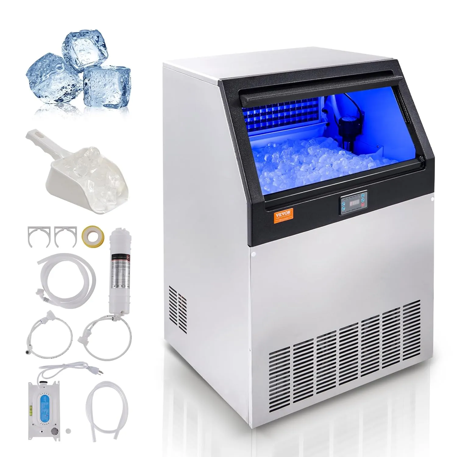 VEVOR Commercial Ice Maker, 200lbs/24H, Ice Maker Machine, 90 Ice Cubes in 12-15 Minutes, Freestanding Cabinet Ice Maker with 66lbs Storage Capacity LED Digital Display, for Bar Home Office Restaurant