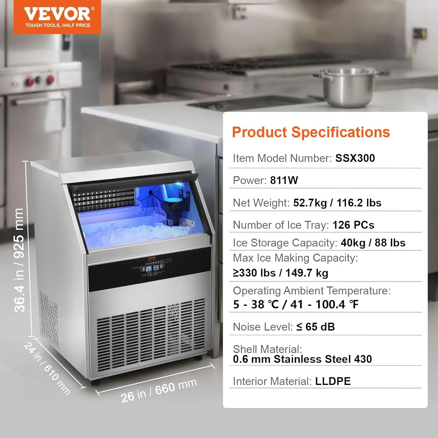 VEVOR Commercial Ice Maker Machine, 330lbs/24H Ice Maker Machine with 88lbs Storage Capacity, 126 Ice Cubes in 12-15 Minutes, LED Digital Display Commercial Ice Maker for Bar Home Restaurant, Silver