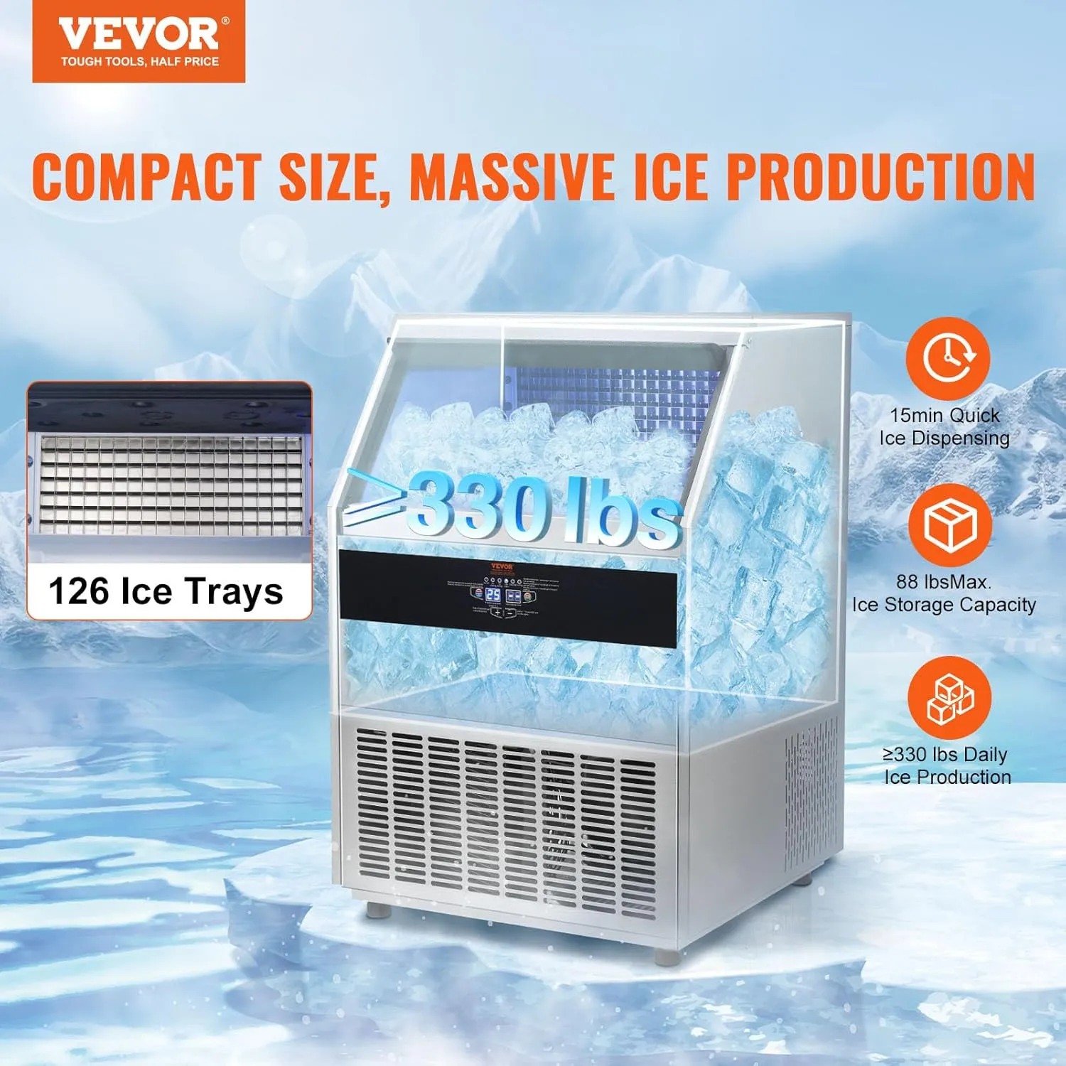 VEVOR Commercial Ice Maker Machine, 330lbs/24H Ice Maker Machine with 88lbs Storage Capacity, 126 Ice Cubes in 12-15 Minutes, LED Digital Display Commercial Ice Maker for Bar Home Restaurant, Silver