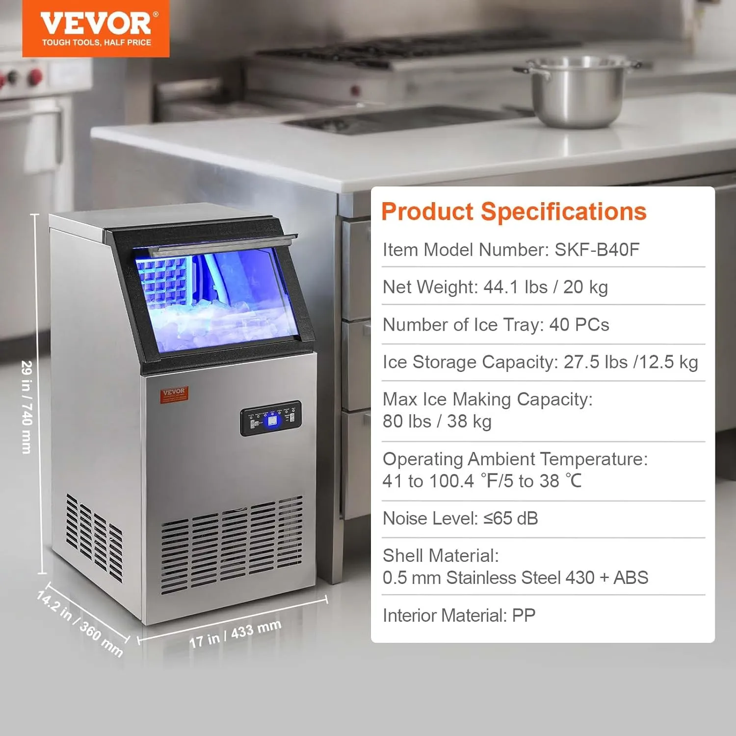 VEVOR Commercial Ice Maker Machine, 80lbs/24H Ice Maker Machine with 27.5lbs Storage Capacity, 40 Ice Cubes in 12-15 Minutes, LED Digital Display Commercial Ice Maker for Bar Home Office Restaurant