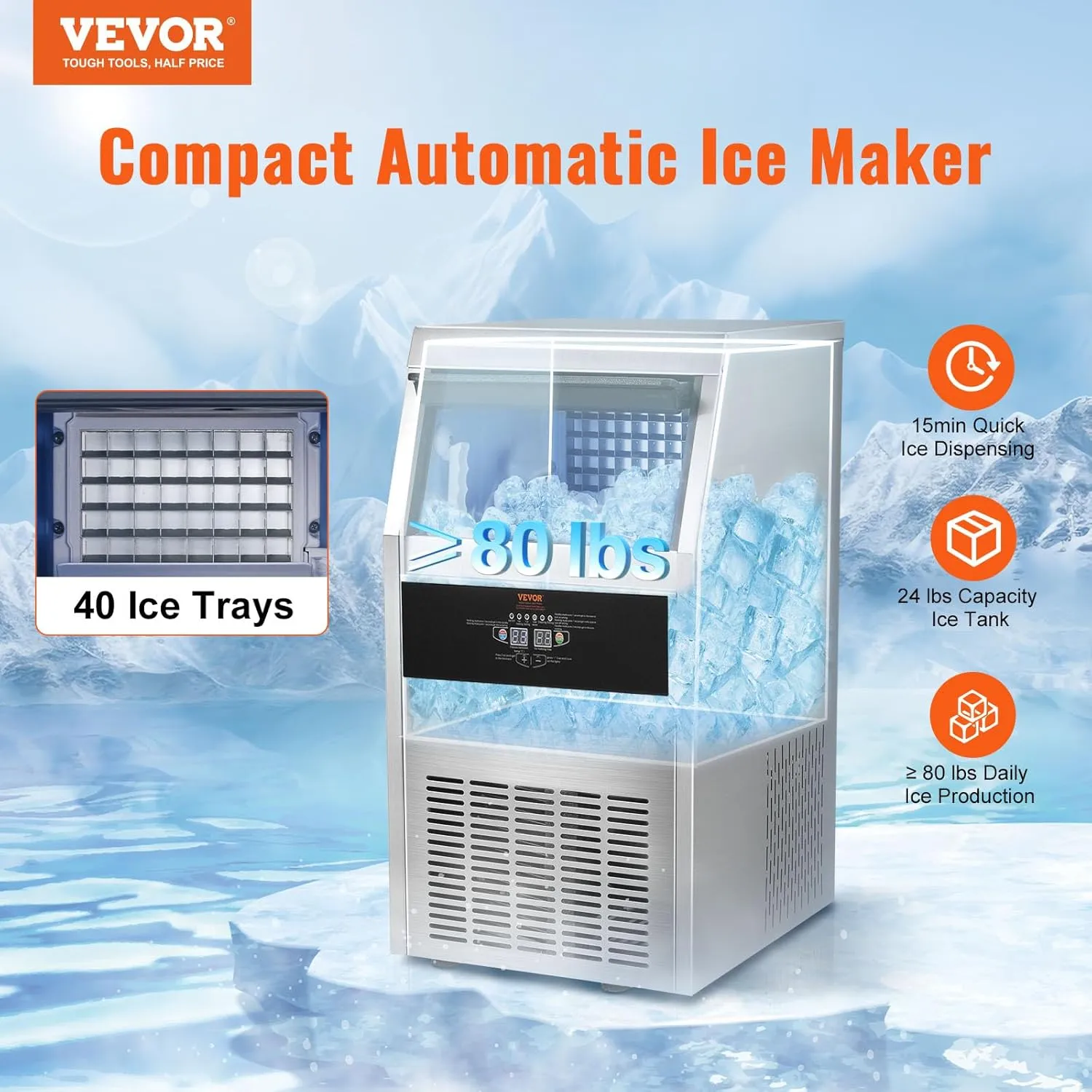 VEVOR Commercial Ice Maker Machine, 80LBS/24H with 24LBS Bin Stainless Steel Automatic Operation Commercial Ice Machine for Home Bar, Include Water Filter, Scoop, Connection Hose