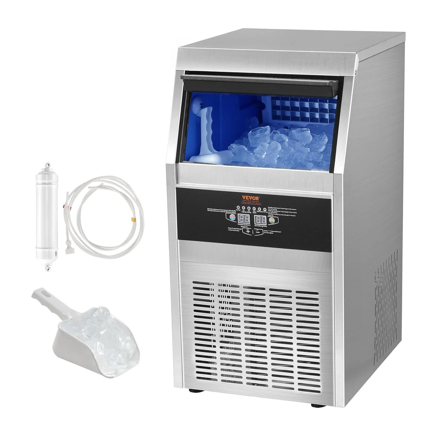 VEVOR Commercial Ice Maker Machine, 80LBS/24H with 24LBS Bin Stainless Steel Automatic Operation Commercial Ice Machine for Home Bar, Include Water Filter, Scoop, Connection Hose