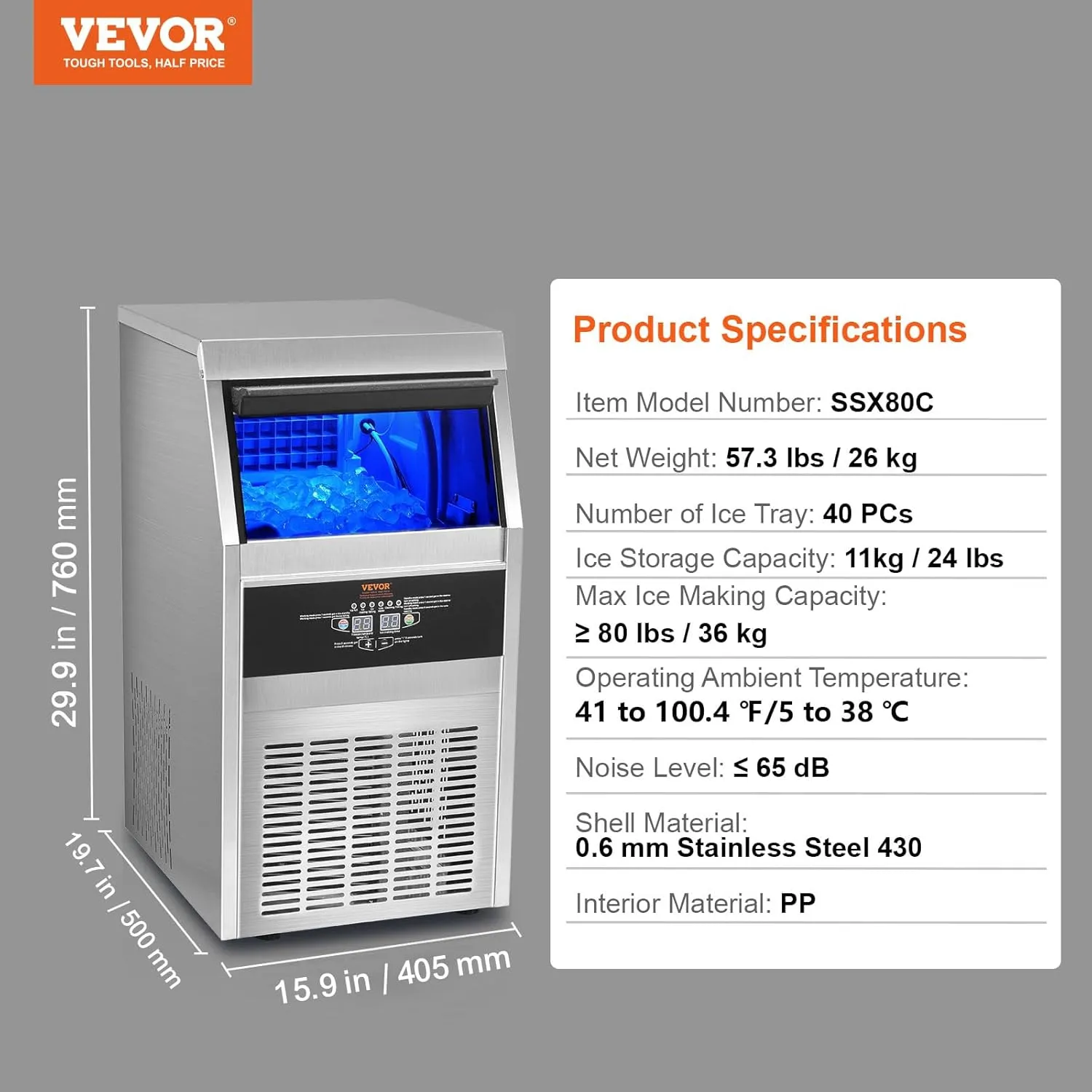 VEVOR Commercial Ice Maker Machine, 80LBS/24H with 24LBS Bin Stainless Steel Automatic Operation Commercial Ice Machine for Home Bar, Include Water Filter, Scoop, Connection Hose