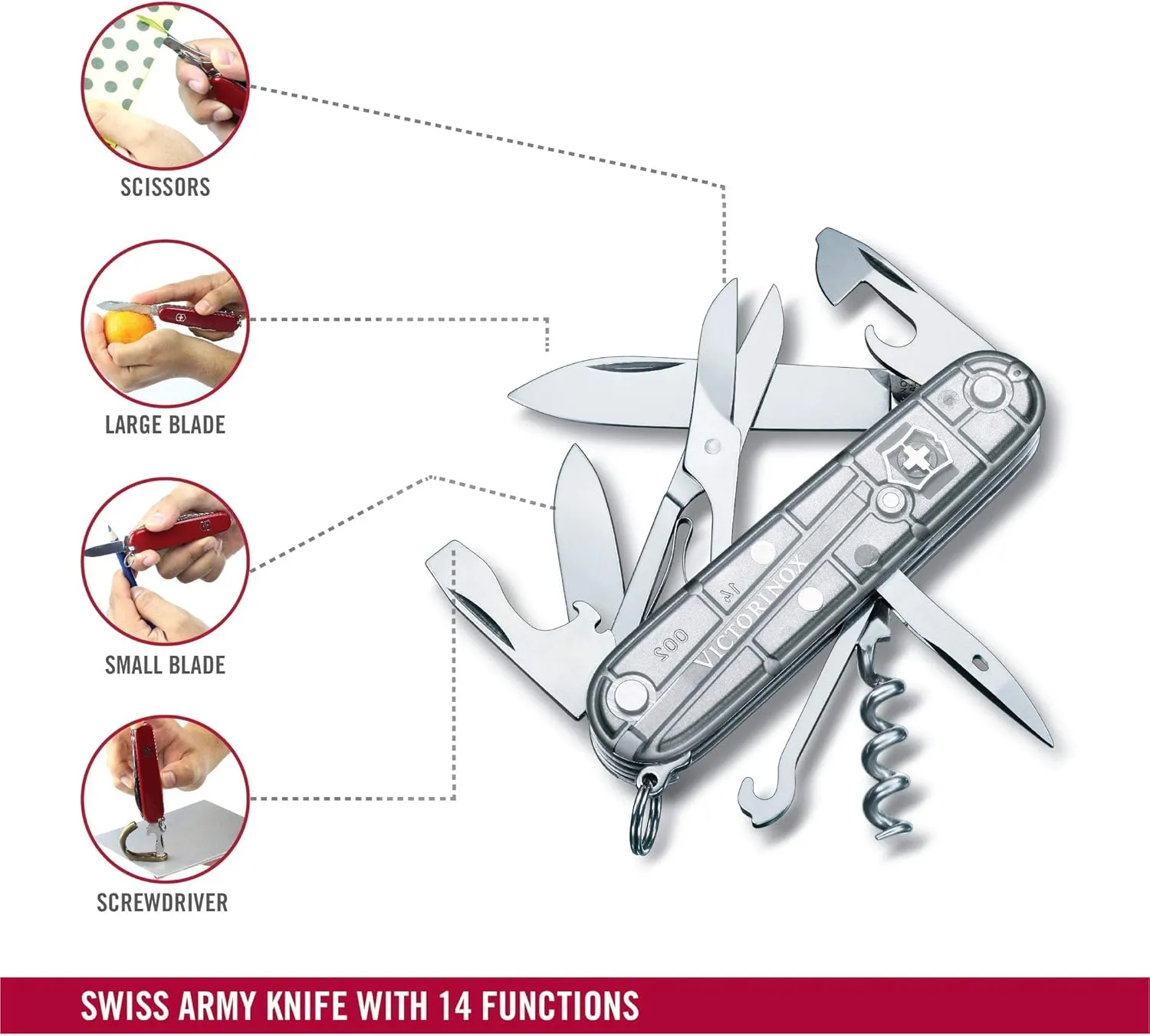 Victorinox Climber Swiss Army Knife, 14 Function Swiss Made Pocket Knife with 2 Blades, Corkscrew and Screwdriver