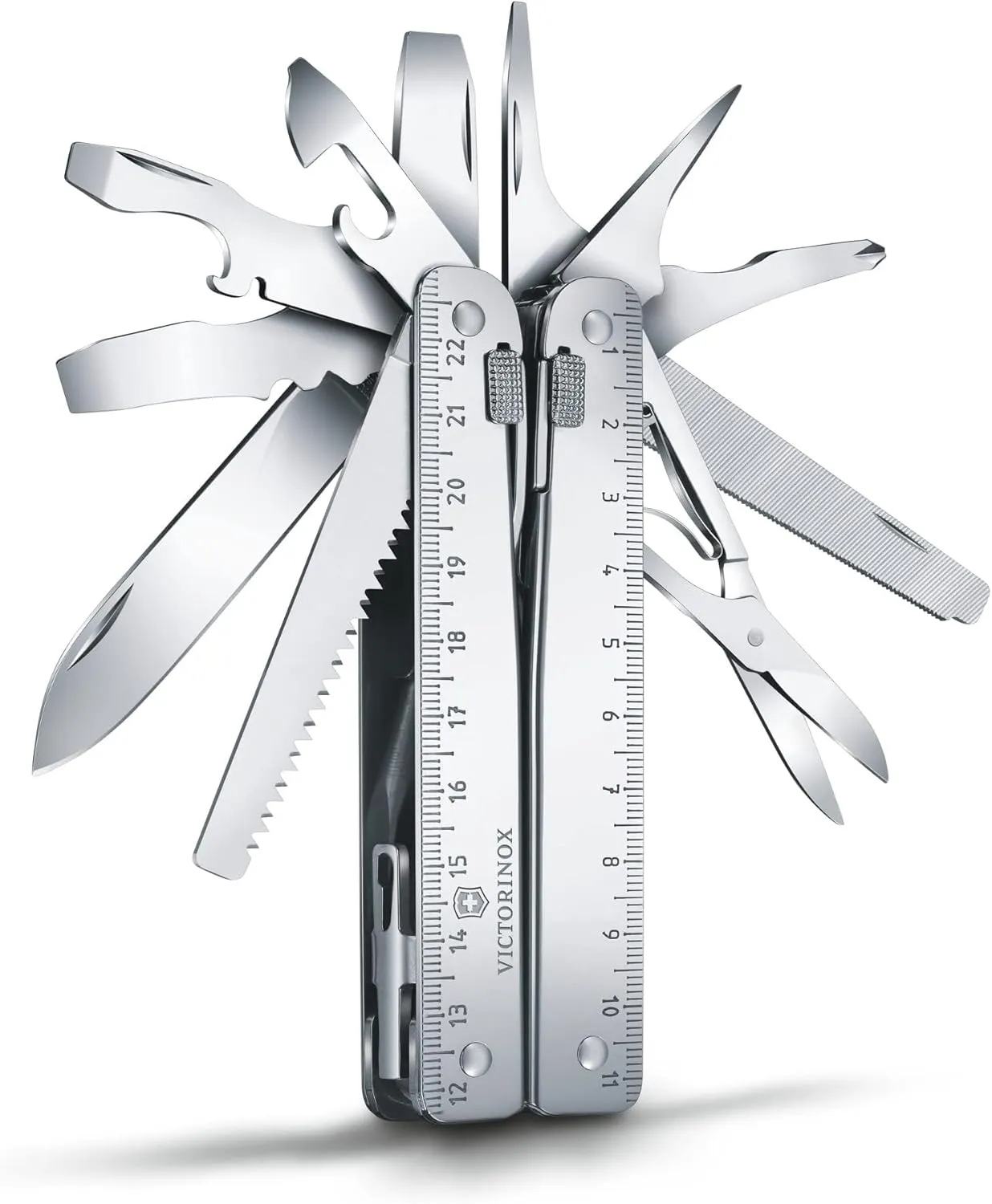 Victorinox Swiss Tool Swiss Army Knife, 24 Function Swiss Made Multi-Tool with Needle-Nose Pliers, Wire Cutters and Large Blade - Silver