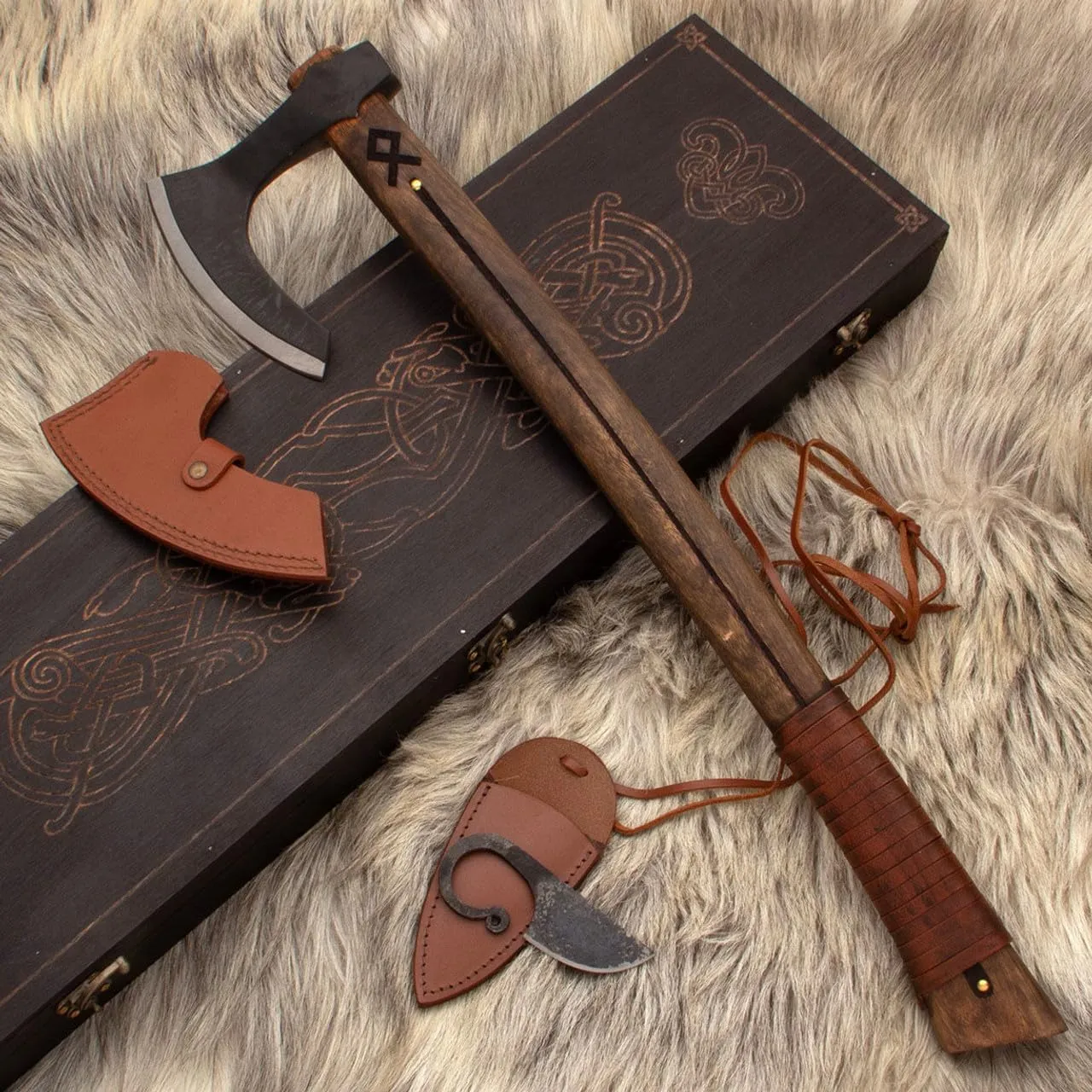 Viking Axe & Hand-Forged Skinning Knife Set with Wooden Display Box – Engraved Knotwork & Norse Dragons, American Hickory Handle, Carbon Steel Blades