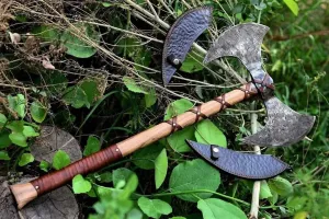 Viking Axe Double Headed Custom Handmade Carbon Steel Axe - Ash Wood Shaft Leather Wrap - Hunting Axe - Best Anniversary & Birthday Gift for Him by Empire Industry