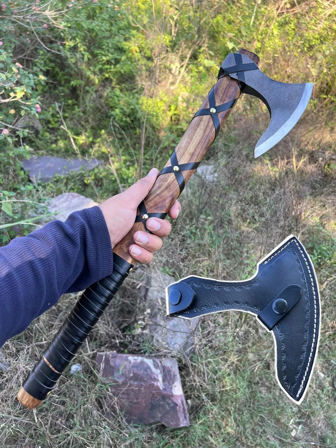 Viking Axe Set Hatchet, Throwing Axes, Hand Axe for Him! Woodworking Tools, Viking Gifts for Men, Camping Hatchet, Tomahawk, Bearded Axe Included by Hand Forger Hunting Crafts (RTX 2)
