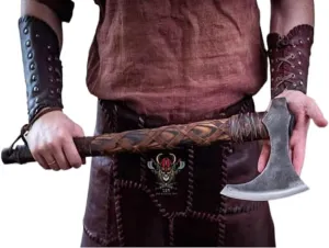 Viking Battle Axe, 24 Inch Overall Length, High Carbon Steel Blade, Ash Wood Handle with Leather Wrap, Includes Leather Sheath, Norse Mythology Tool