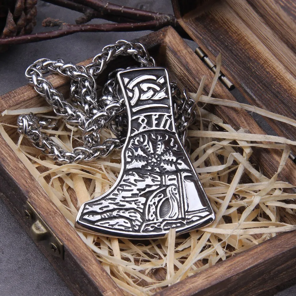 Viking Warrior Axe Head With Helm of Awe Pendant Necklace