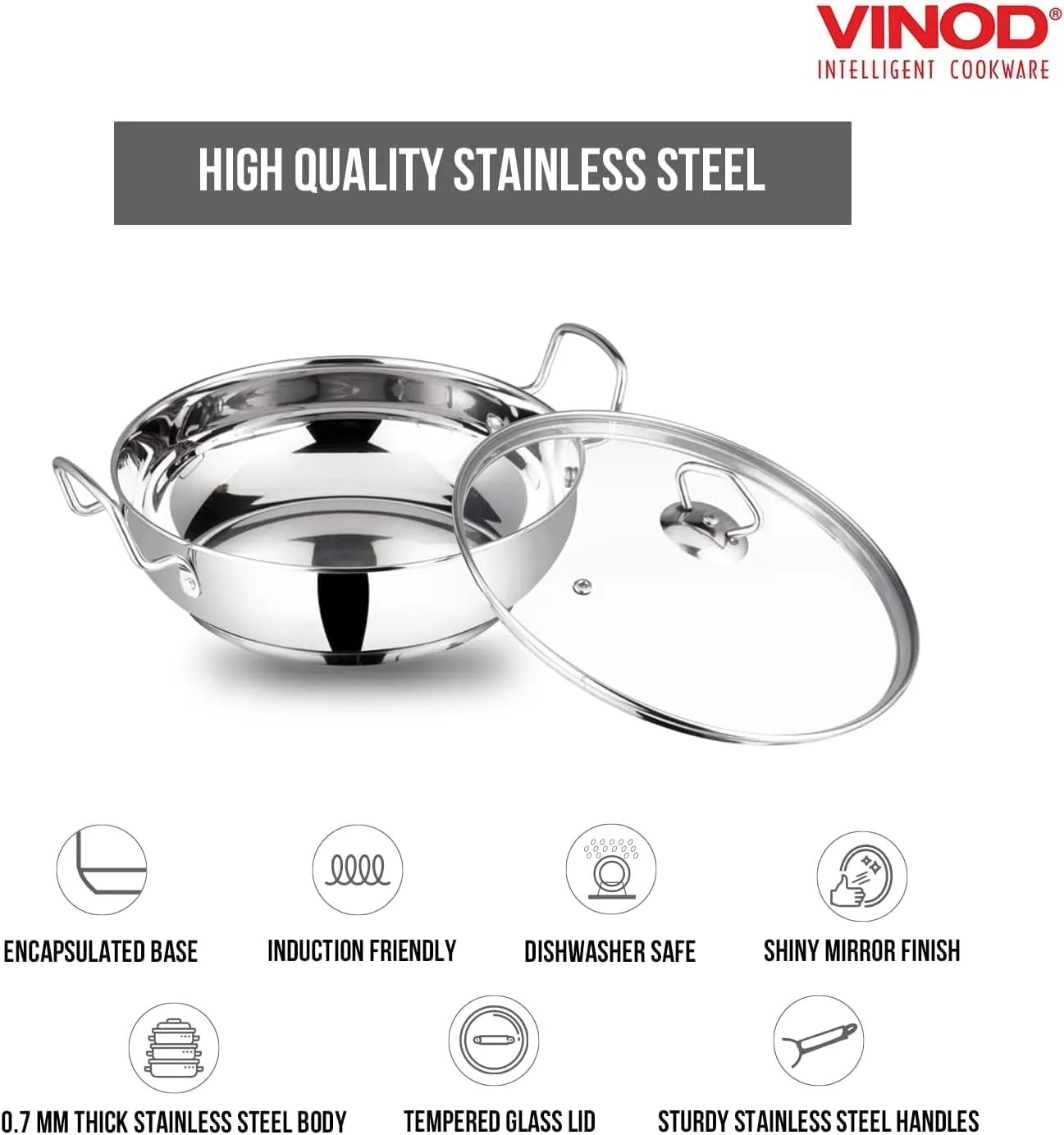Vinod Stainless Steel Kadhai – Tempered Glass Lid – Induction Friendly Wok(26cm/10.5 Inch) – 3.7 Liters(3.9 Quarts) – 16 Cups – Multi-Use Pot – Suitable For Indian Cooking, Sauce, Deep Fry, Stew