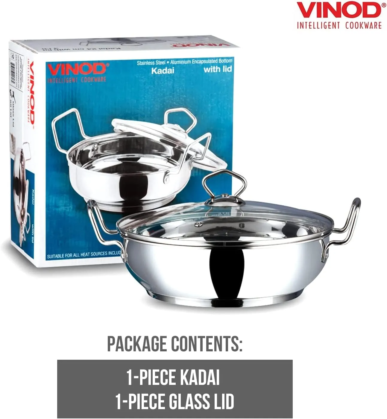 Vinod Stainless Steel Kadhai – Tempered Glass Lid – Induction Friendly Wok(26cm/10.5 Inch) – 3.7 Liters(3.9 Quarts) – 16 Cups – Multi-Use Pot – Suitable For Indian Cooking, Sauce, Deep Fry, Stew