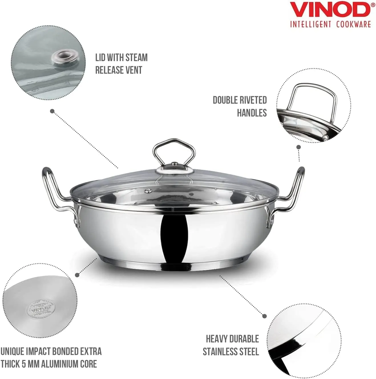 Vinod Stainless Steel Kadhai – Tempered Glass Lid – Induction Friendly Wok(26cm/10.5 Inch) – 3.7 Liters(3.9 Quarts) – 16 Cups – Multi-Use Pot – Suitable For Indian Cooking, Sauce, Deep Fry, Stew