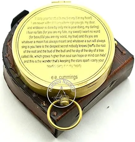 Vintage Brass Compass with Handmade Leather Case/E.E. Cummings Directional Magnetic Compass for Navigation/Push Button Pocket Compass