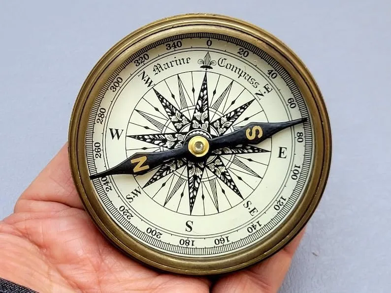 Vintage Brass Marine Compass with Robert Frost Ppoem on lid. Camping and Hiking Pocket Brass Compass