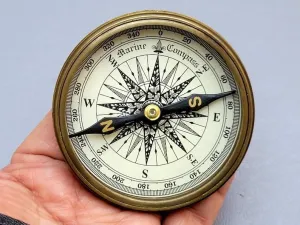 Vintage Brass Marine Compass with Robert Frost Ppoem on lid. Camping and Hiking Pocket Brass Compass