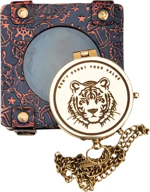 Vintage Brass Open Lid Compass with Chain Leather Case Engraved Tiger Face Logo and Quote Magnetic Navigation Tool for Camping Hiking and Travel