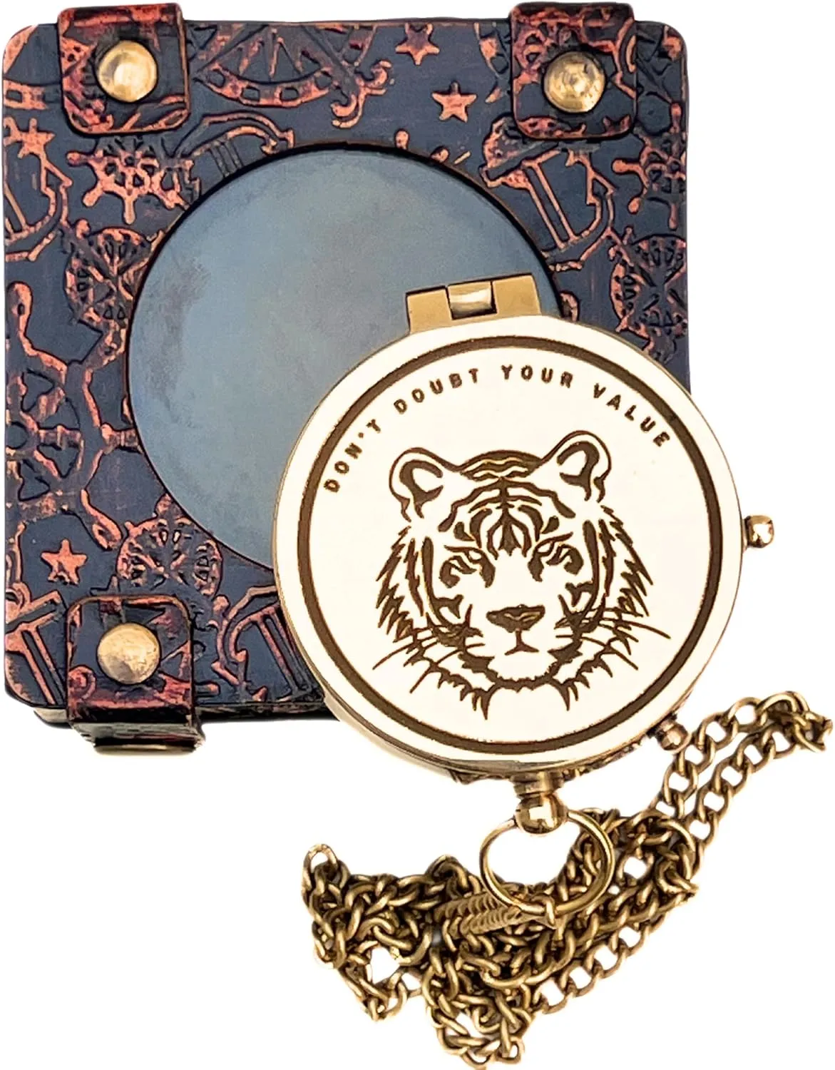 Vintage Brass Open Lid Compass with Chain Leather Case Engraved Tiger Face Logo and Quote Magnetic Navigation Tool for Camping Hiking and Travel