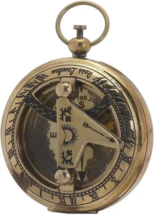 Vintage Brass Sundial Compass, Antique Style Pocket Watch Design, Maritime Navigation Instrument with Roman Numerals