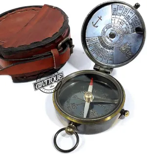 Vintage Calendar Brass Compasss with Case Leather Manual Magnetic Compass Camping-Traveling Sporting Goods(Sailor Gifts)