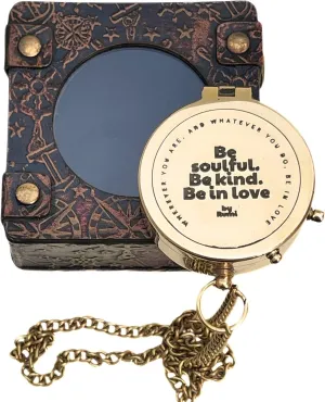 Vintage Shiny Brass Flat Magnetic Compass with Leather Case Engraved Motivational Quote Pocket Size for Hiking Adventure and Rustic Home Decor Gifts