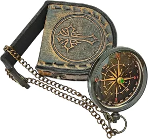 Vintage-Style Brass Compass with Chain and Leather Case - Classic Navigational Tool for Outdoor Adventures, Hiking, Camping, and Collectors