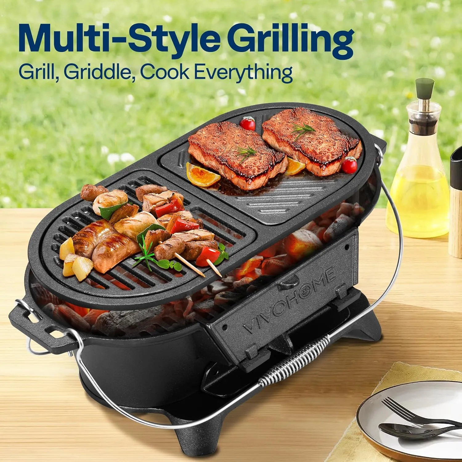 VIVOHOME Oval Cast Iron Grill with Interchangeable Grates & Griddle, 2 Furnace Doors for Heat Control, Includes Gloves, Poker and UV-Resistant Cover