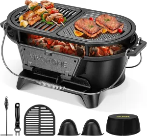 VIVOHOME Oval Cast Iron Grill with Interchangeable Grates & Griddle, 2 Furnace Doors for Heat Control, Includes Gloves, Poker and UV-Resistant Cover