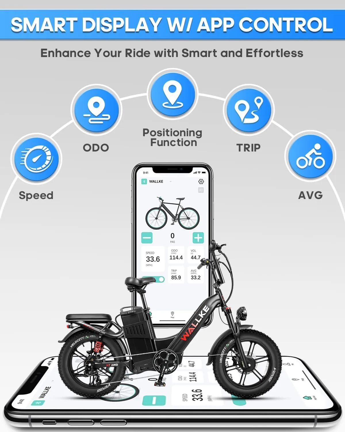 W Wallke AWD Dual Motor Electric Bike for Adults, UL2849 Certified, 48V 60Ah Battery Cell Brand Sam-Sung, 200 Miles, App Control 35MPH Fast Ebike,20" Fat Tire Mountain Offroad All Terrain E-Bike