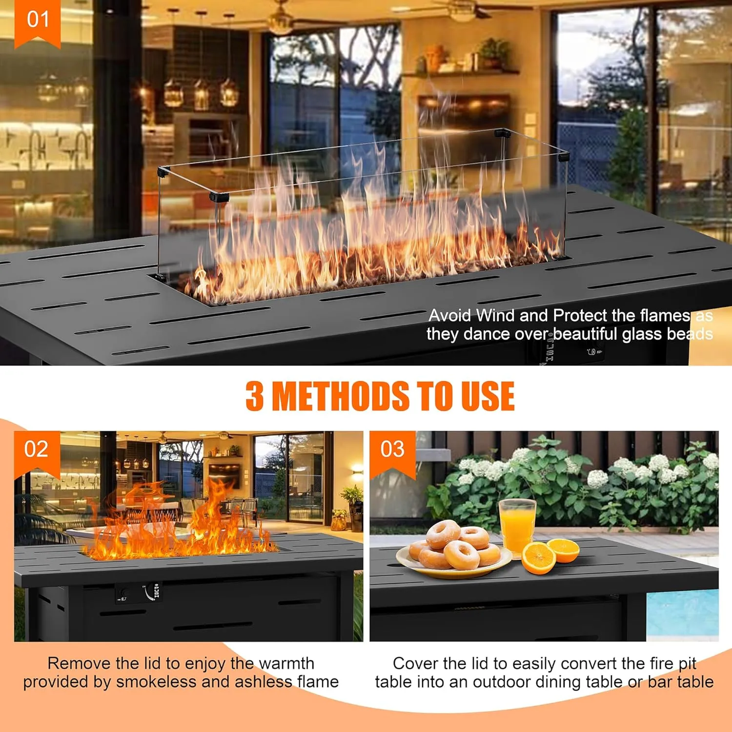 Walsunny 43 inch Outdoor Propane Fire Pit 50,000 BTU Gas Fire Pit Table with Lid, Waterproof Cover, Rectangle Gas Firepit Table for Garden/Patio, CSA Certification