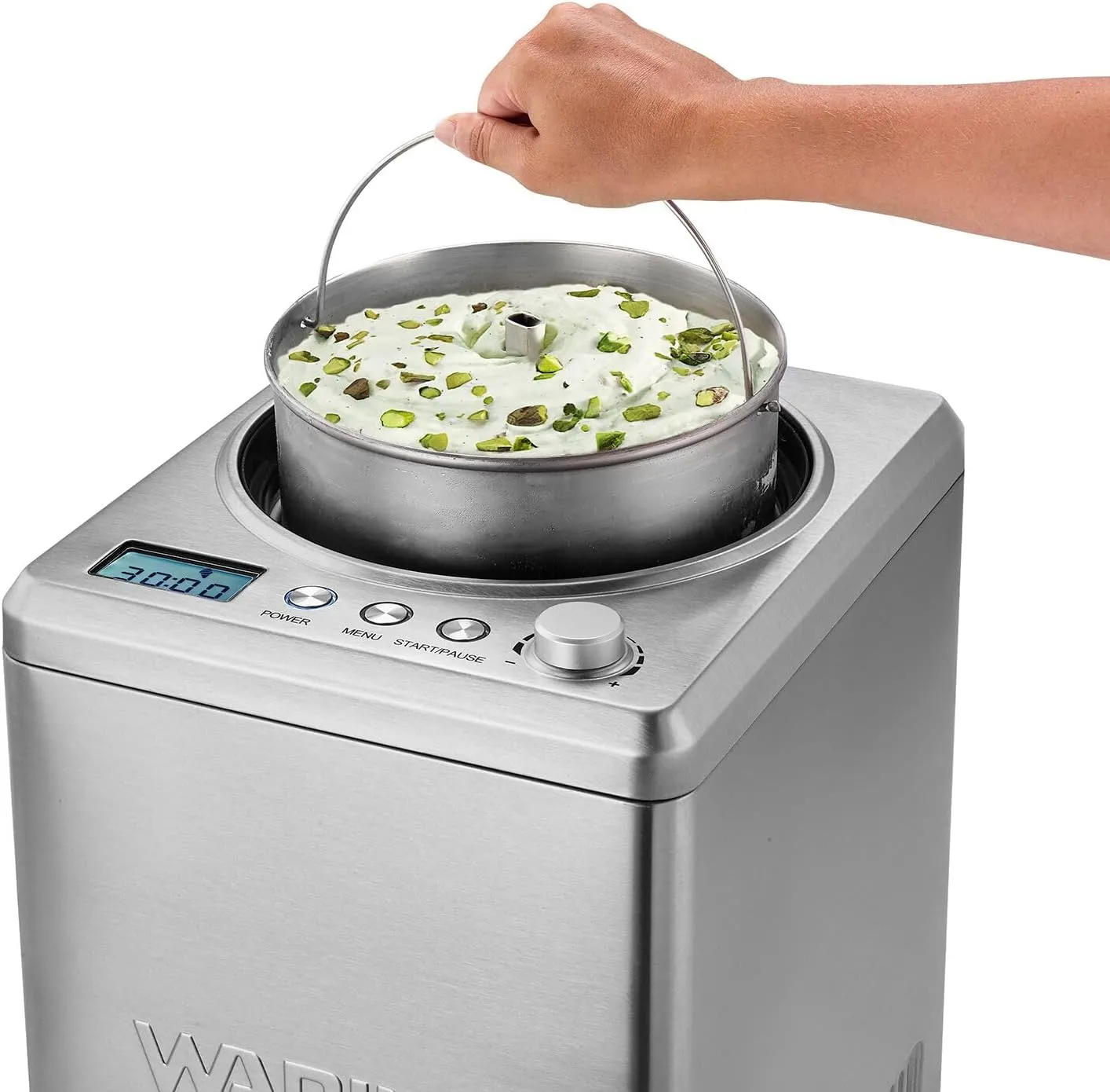 Waring Commercial WCIC25 2.5 Quart Capacity Ice Cream Maker with Built in Compressor, 180W, 120V, 5-15 Phase Plug